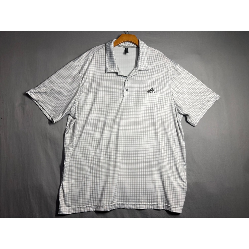 Adidas Golf Mens 2XL White Grey Grid Plaid Short Sleeve Performance Polo Shirt